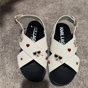 Karl Lagerfeld White Sandals with Black and Gold Accents
